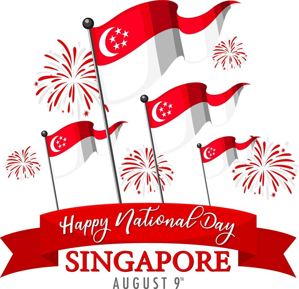 striscione per la festa nazionale di singapore con bandiera di singapore e fuochi d'artificio vettore