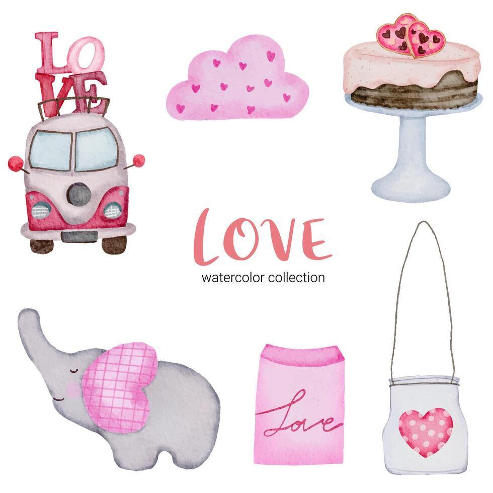 set di grande isolato concetto di San Valentino acquerello elemento adorabile romantico rosso-rosa cuori per la decorazione, illustrazione vettoriale. vettore