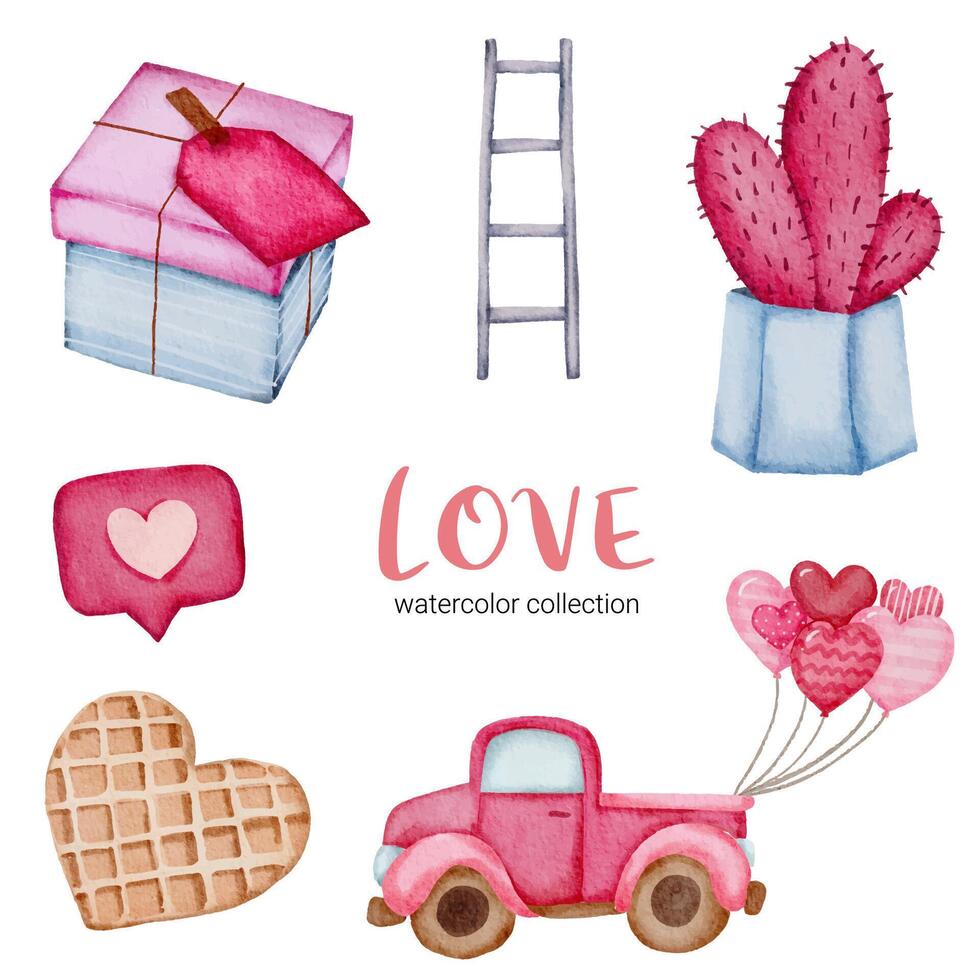 set di grande isolato concetto di San Valentino acquerello elemento adorabile romantico rosso-rosa cuori per la decorazione, illustrazione vettoriale. vettore