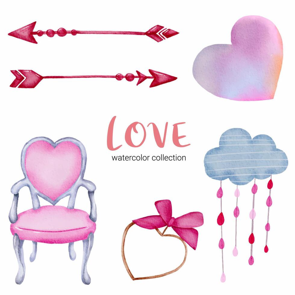 set di grande isolato concetto di San Valentino acquerello elemento adorabile romantico rosso-rosa cuori per la decorazione, illustrazione vettoriale. vettore