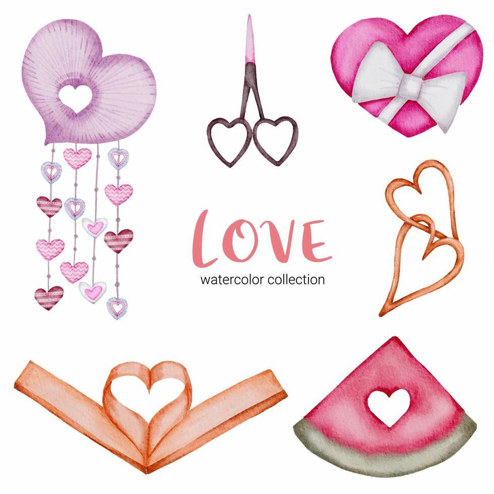 set di grande isolato concetto di San Valentino acquerello elemento adorabile romantico rosso-rosa cuori per la decorazione, illustrazione vettoriale. vettore