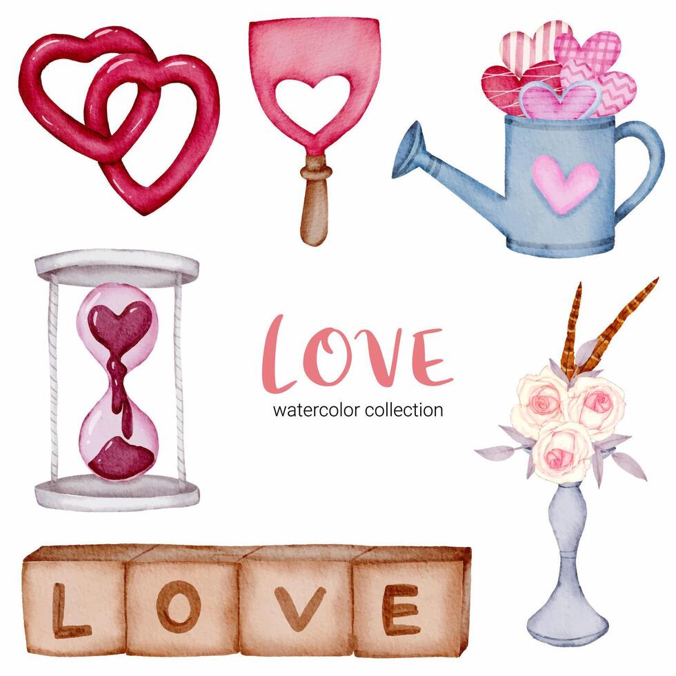 set di grande isolato concetto di San Valentino acquerello elemento adorabile romantico rosso-rosa cuori per la decorazione, illustrazione vettoriale. vettore