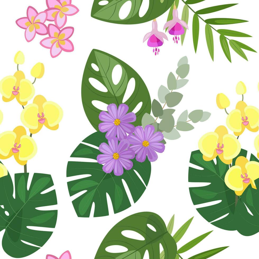 senza soluzione di continuità modello di disegnato a mano tropicale fiori e le foglie. vettore botanico illustrazione.