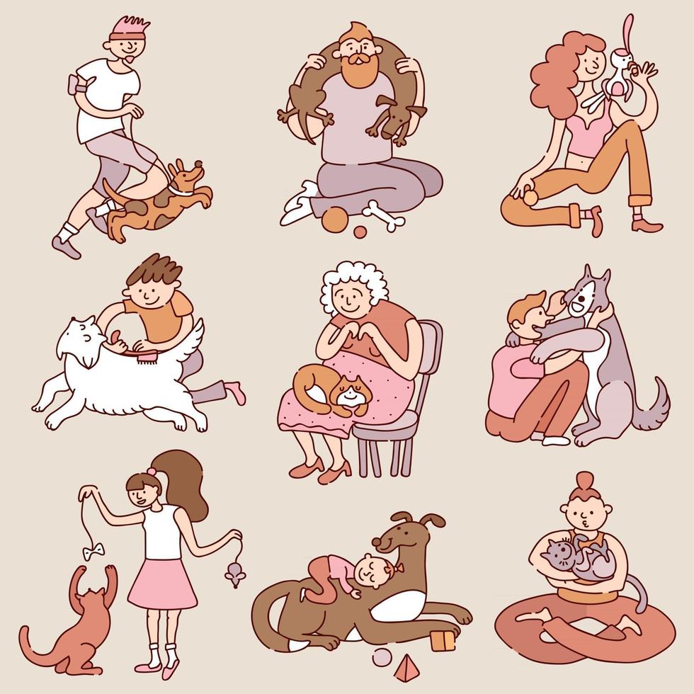 persone animali domestici interazione set illustrazione vettoriale