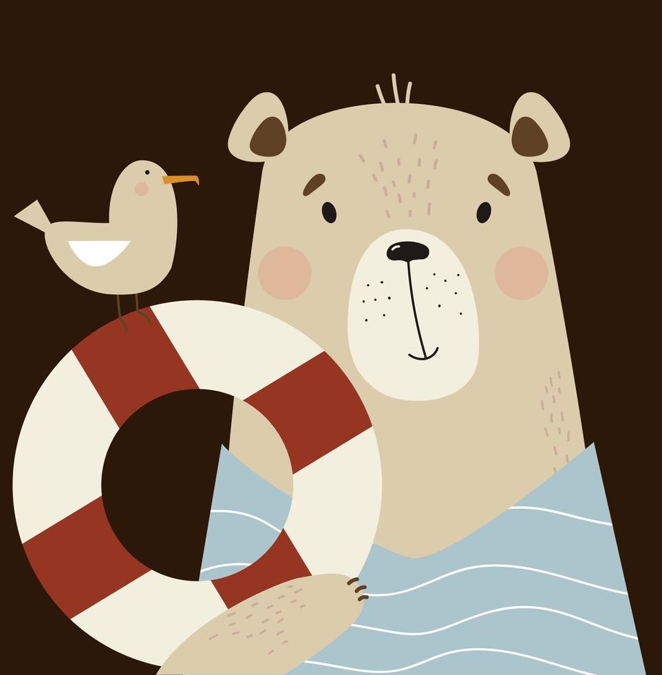 simpatico orso con gabbiano e cerchio della vita. illustrazione vettoriale. poster per bambini con simpatici animali vettore