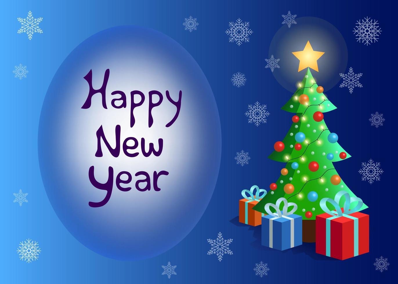 felice anno nuovo scritte. illustrazione di natale di vettore. albero di natale con regali e regali. cartolina, banner design illustrazione su sfondo blu con nevicate. vettore