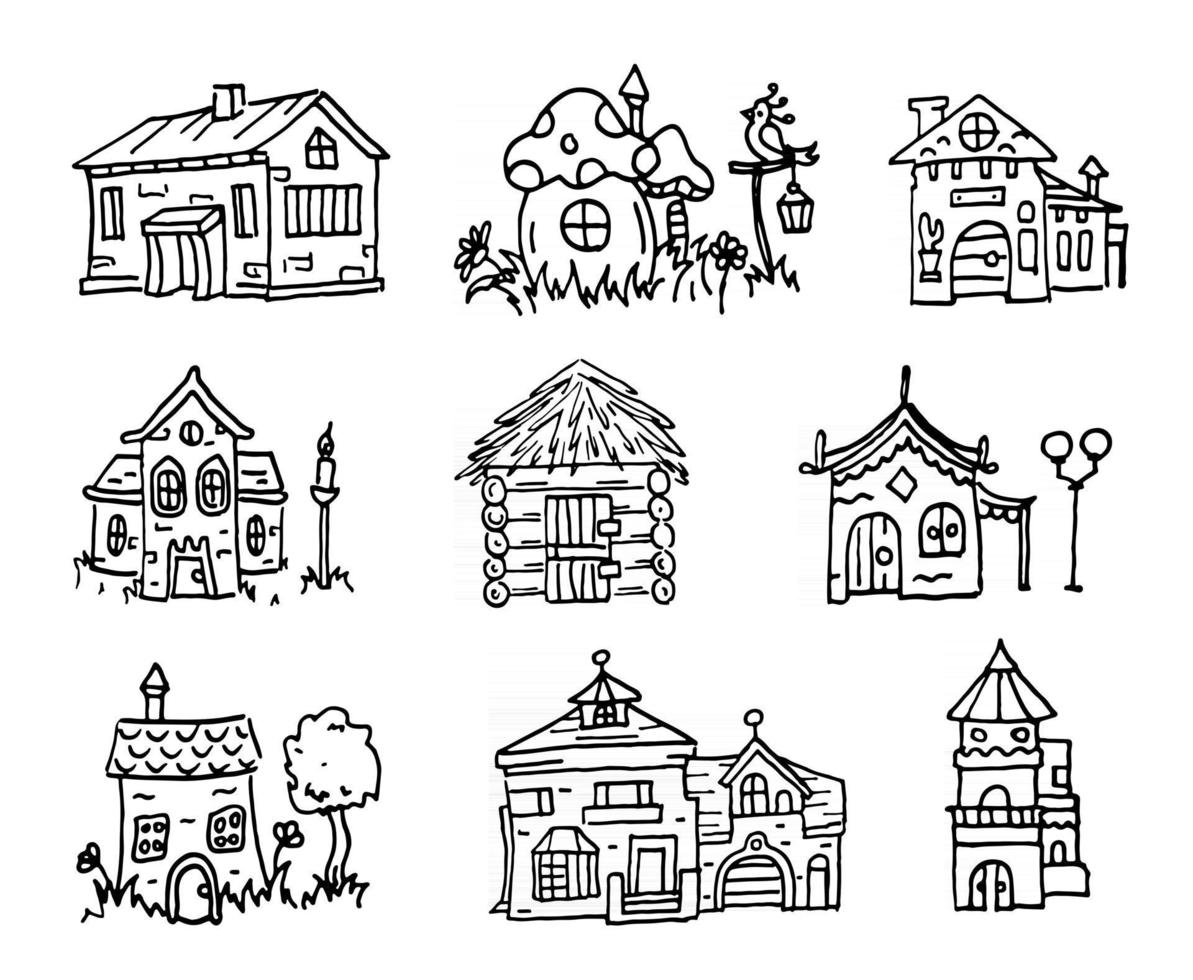 set di case dei cartoni animati, collezione di edifici con contorno nero, casa magica, legno, illustrazioni lineari di sagoma di funghi, isolate su sfondo bianco vettore