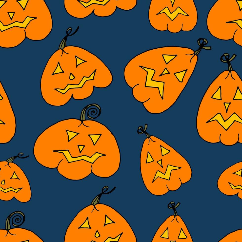 senza soluzione di continuità modello scarabocchio cartone animato zucca lanterne con raggiante occhi e bocche per halloweenon buio bue sfondo. vettore illustrazione per per confezione, tessili, sfondi, ragnatela design