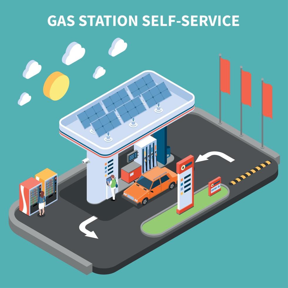 illustrazione vettoriale di composizione self-service della stazione di servizio