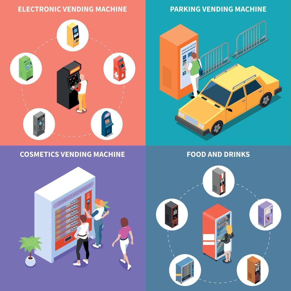 illustrazione vettoriale di concetto di design isometrico dei distributori automatici