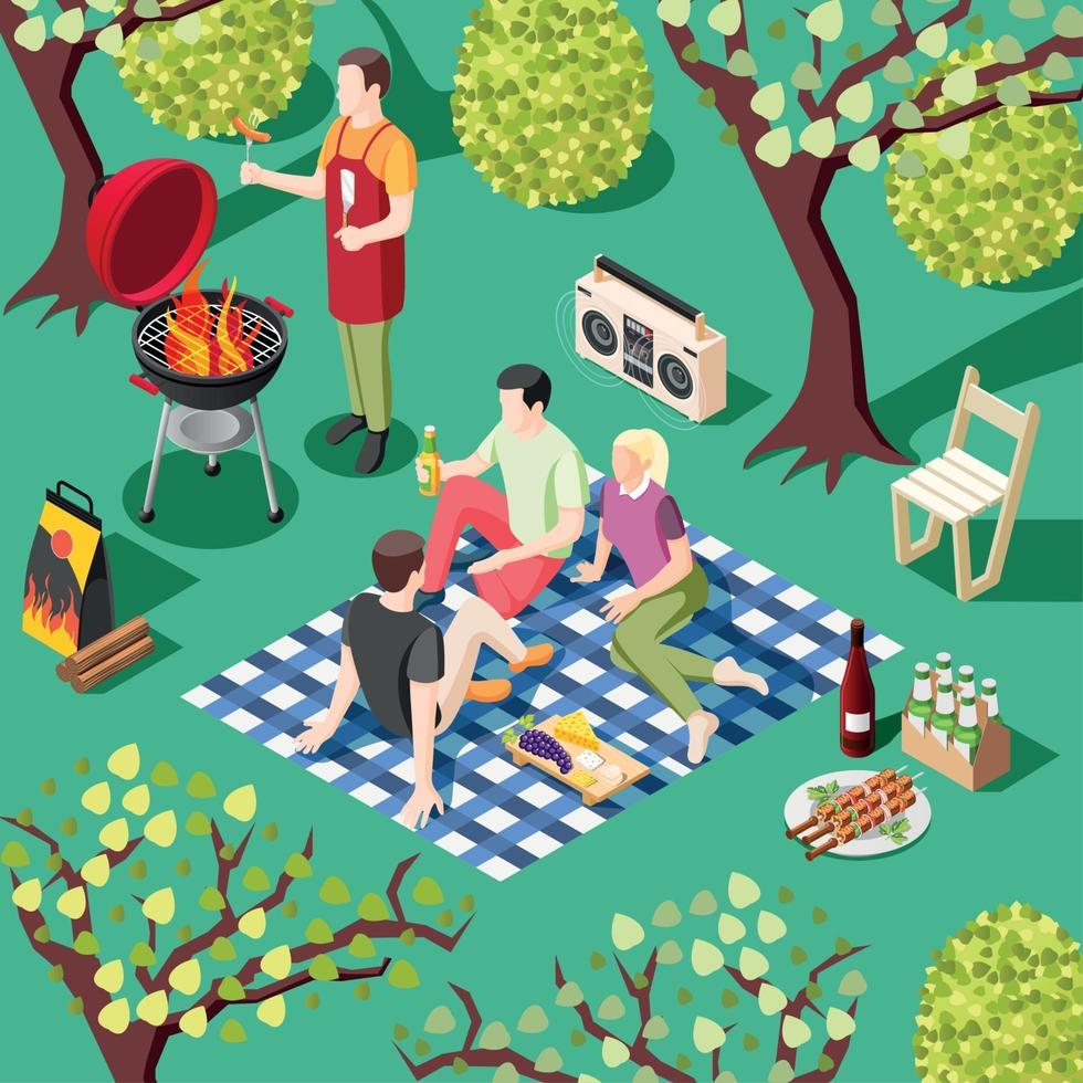 illustrazione isometrica di vettore del fondo del barbecue all'aperto