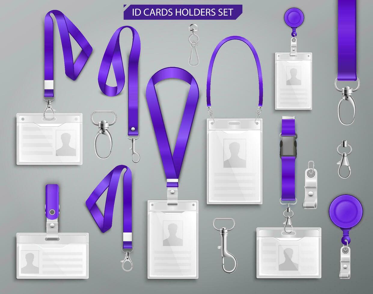 collezione di realistico id distintivo carte su viola cordini con cinghia clip, cordone e fermagli vettore illustrazione