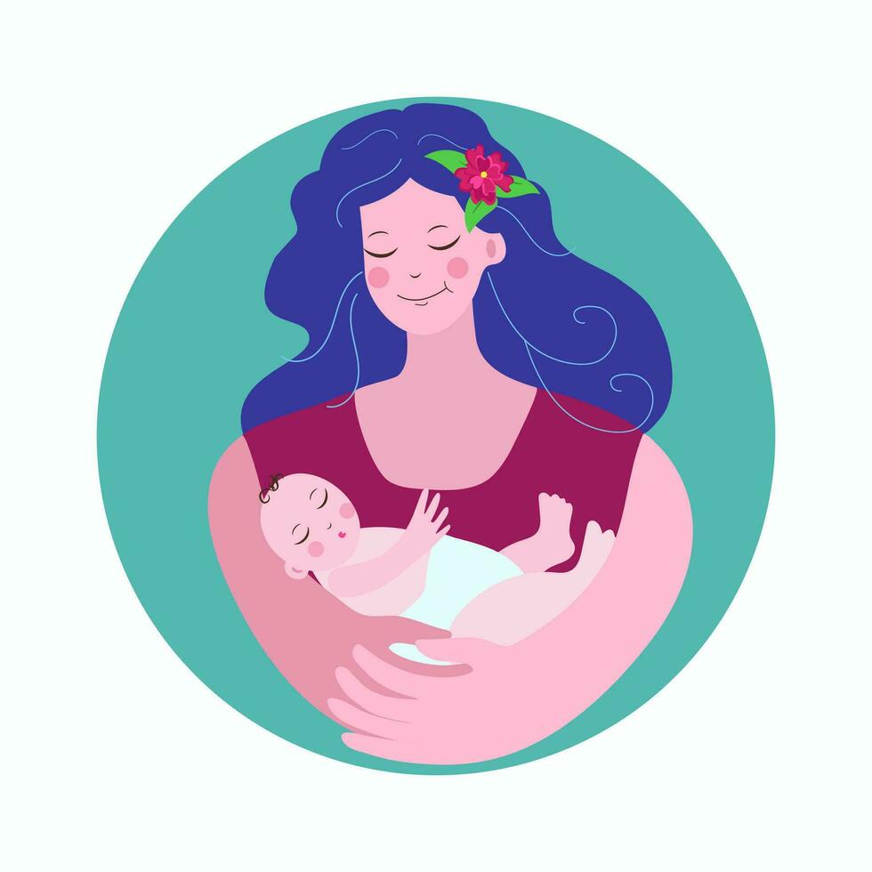 madre e bambino. il forma di il cuore. un' giovane donna, un' madre con un' bambino nel sua braccia. bambino, maternità, neonato, l'allattamento al seno giorno. figli di giorno. vettore illustrazione su isolato sfondo.
