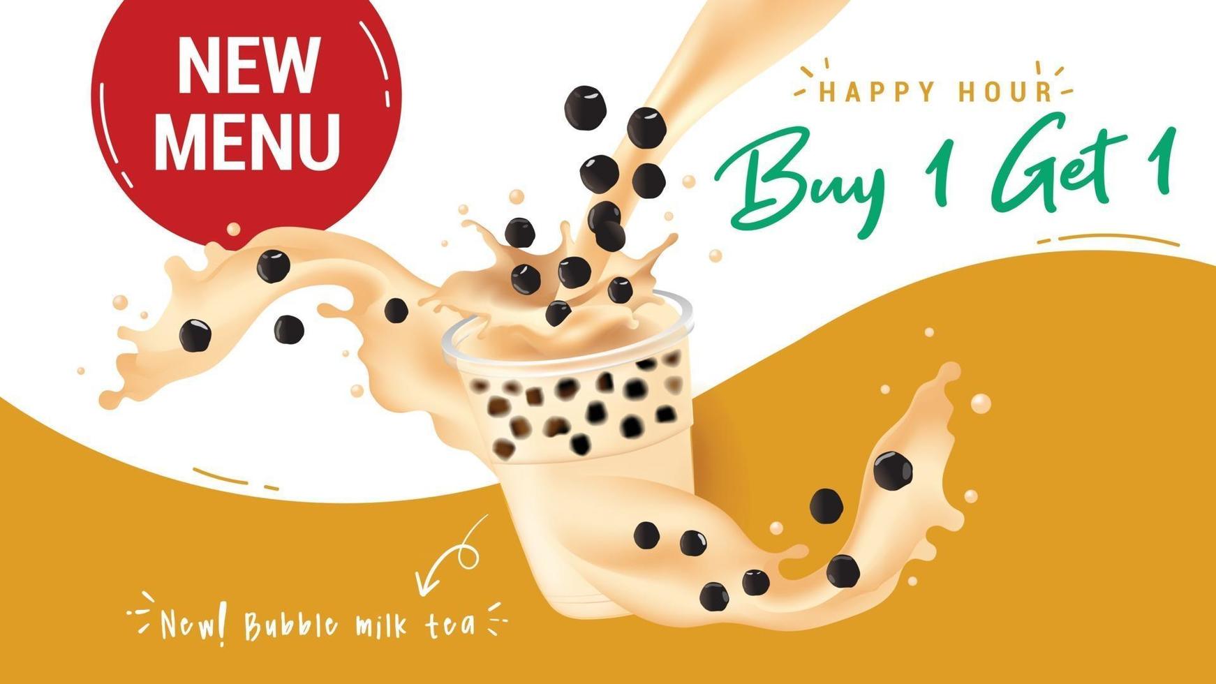 bubble milk tea promozioni speciali design, boba milk tea, pearl milk tea, deliziose bevande, caffè e bibite analcoliche con logo e banner pubblicitario simpatico e divertente in stile doodle. illustrazione vettoriale. vettore