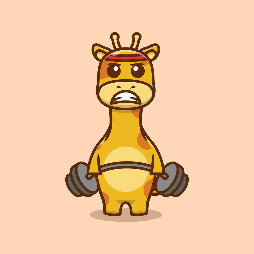 carino giraffa personaggio sollevamento pesi cartone animato vettore illustrazione.