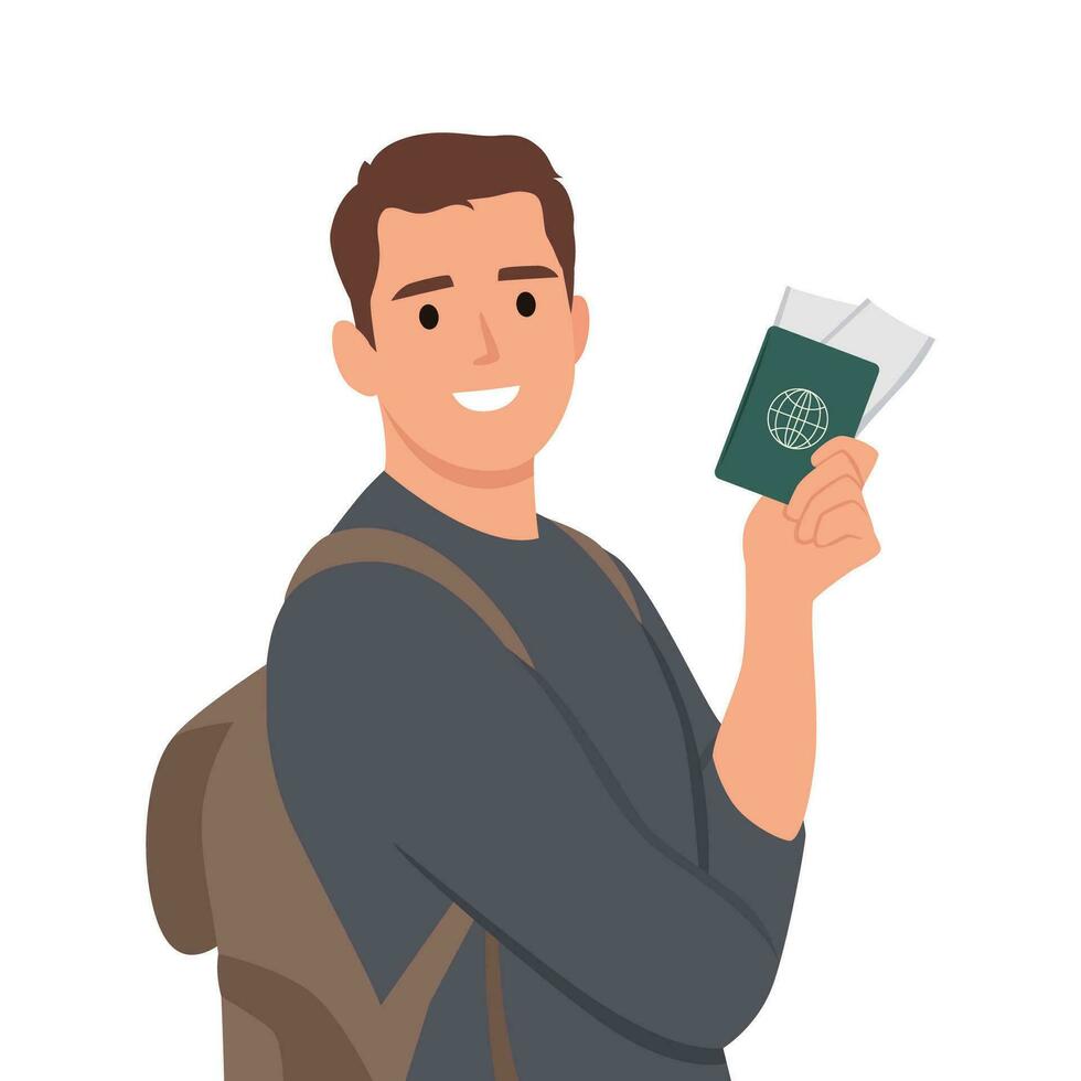 viaggiatore divertimento giovane adolescente ragazzo alunno uomo indossare casuale Abiti zaino Borsa hold passaporto biglietto mostrare pollice su. vettore
