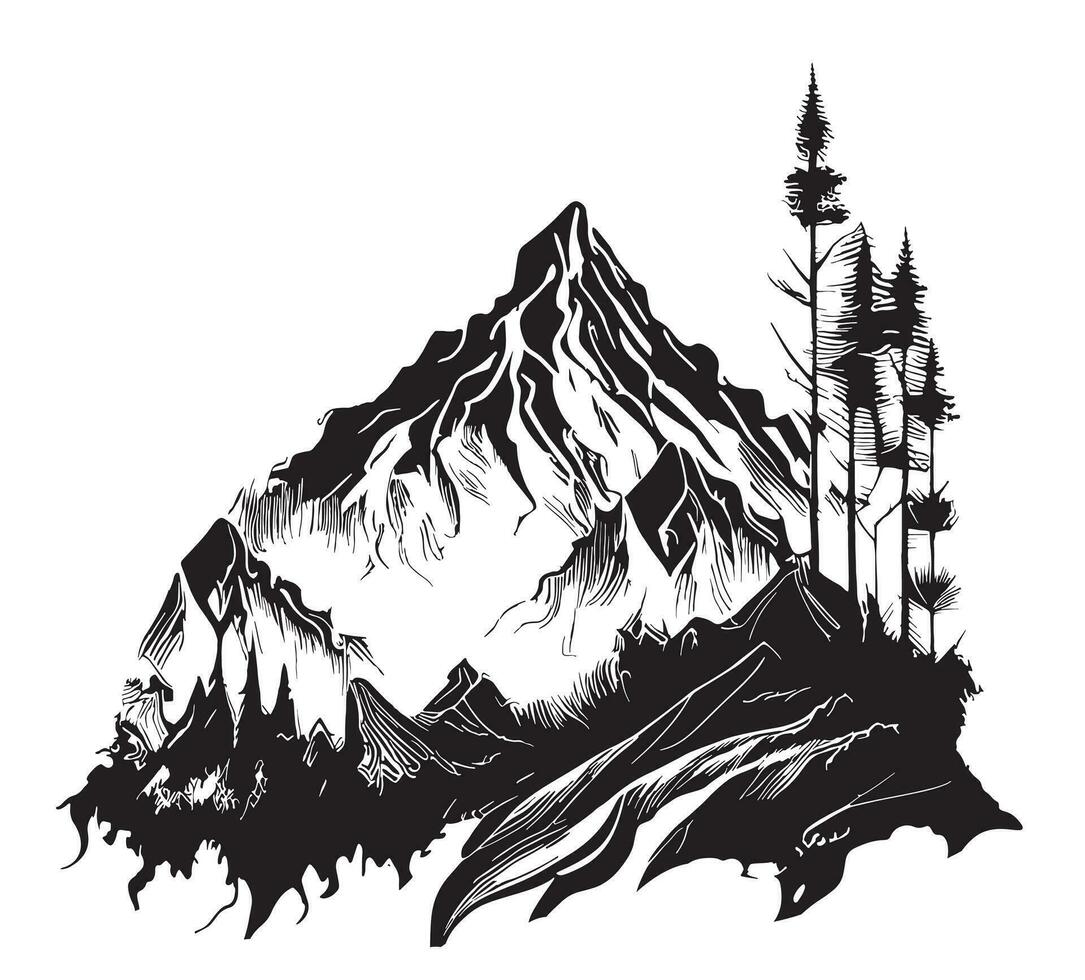 montagne , foresta mano disegnato schizzo illustrazione bellissimo natura vettore