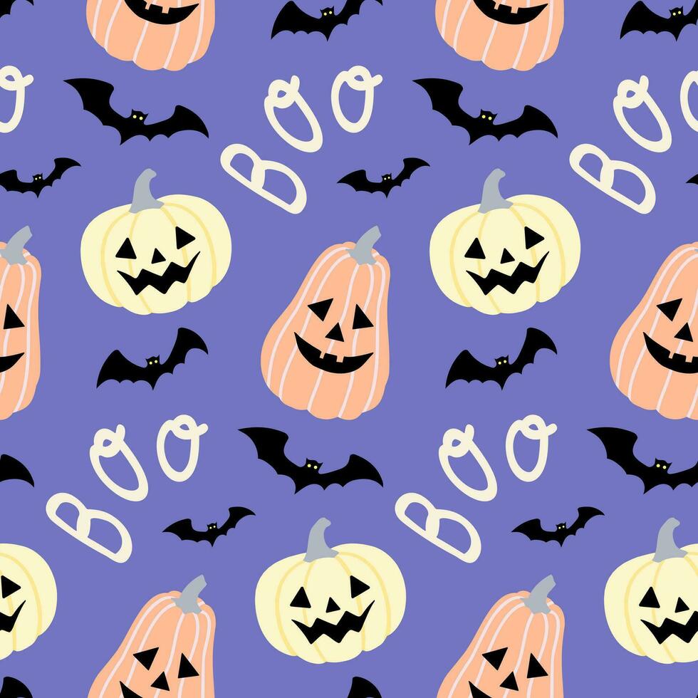 senza soluzione di continuità Halloween con jack-o -lanterna zucche e pipistrelli su isolato sfondo. mano sfondo per Halloween festa decorazione, scrapbooking, tessile, saluto carte disegno, parete carta. vettore