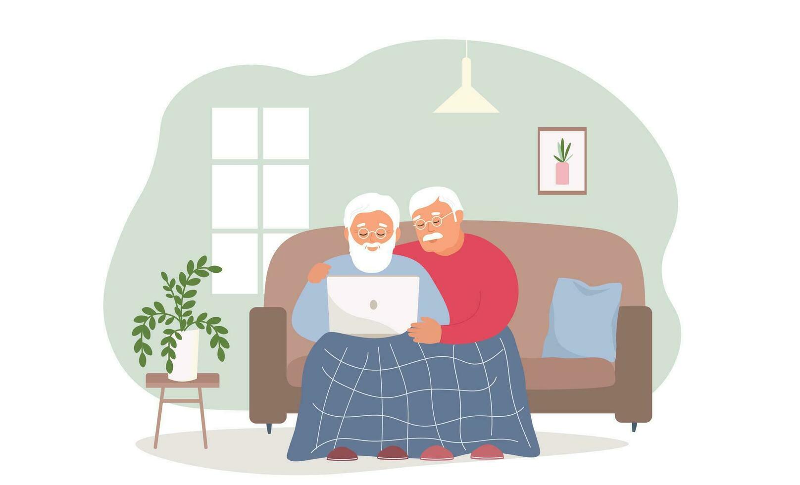 vecchio persone siamo seduta insieme su il divano sotto un' coperta utilizzando un' il computer portatile. contento anziano uomini insieme. vettore piatto grafica.