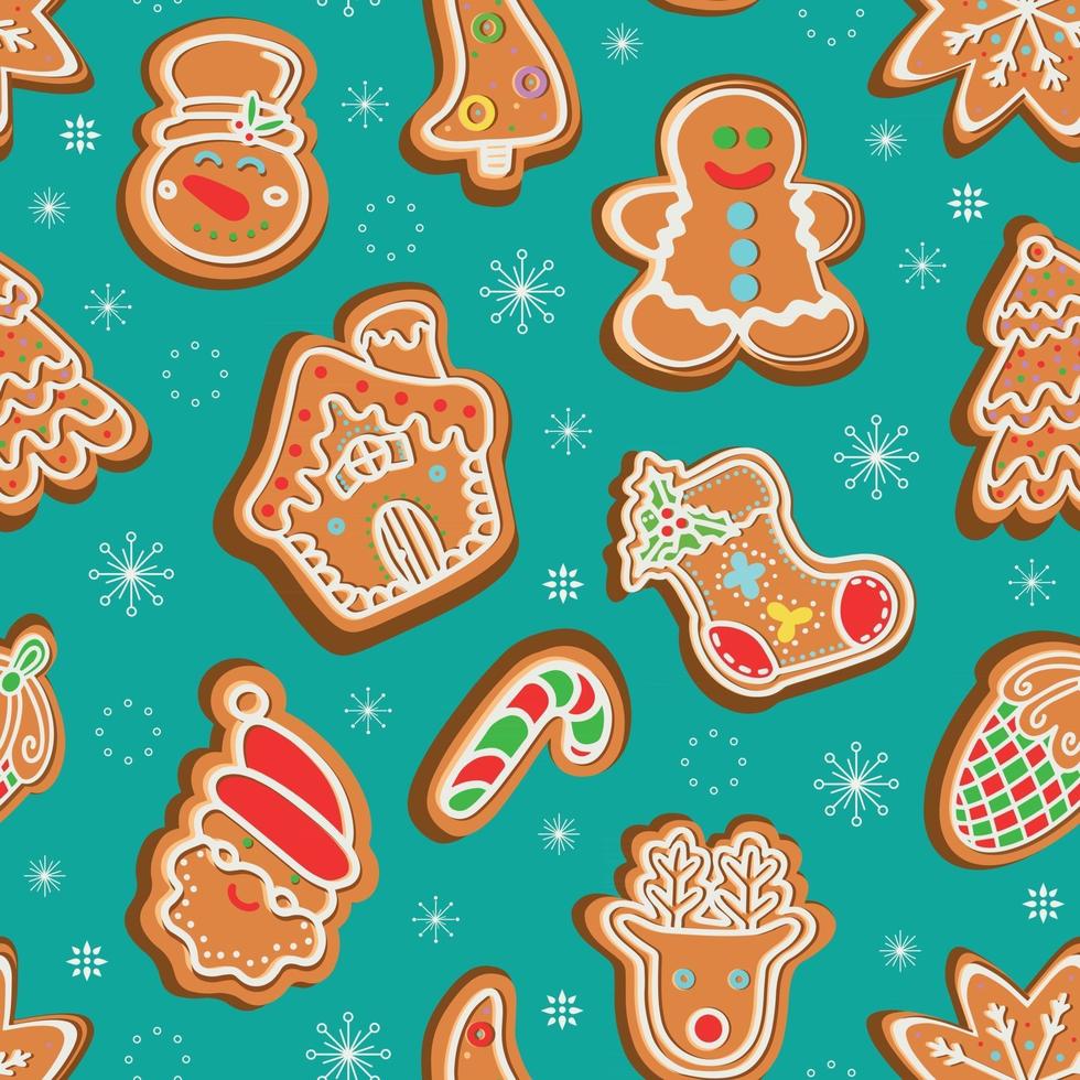 modello vettoriale senza soluzione di continuità dei tradizionali biscotti di panpepato di varie forme per la celebrazione del Natale in mezzo ai fiocchi di neve su sfondo verde