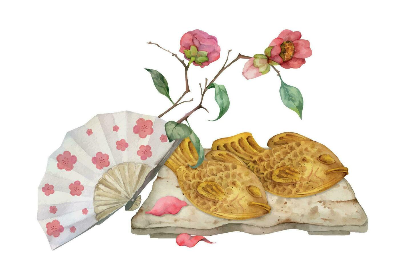 acquerello mano disegnato tradizionale giapponese dolci. ceramica piatto, taiyaki, camelia fiori, fan. isolato su bianca sfondo. design per inviti, ristorante menù, saluto carte, Stampa, tessile vettore