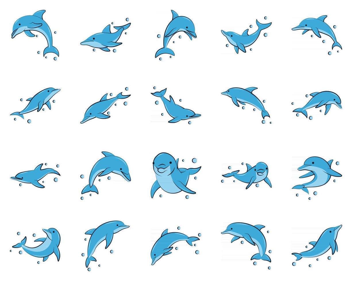 set di icone di illustrazione vettoriale di colore piatto di delfino blu