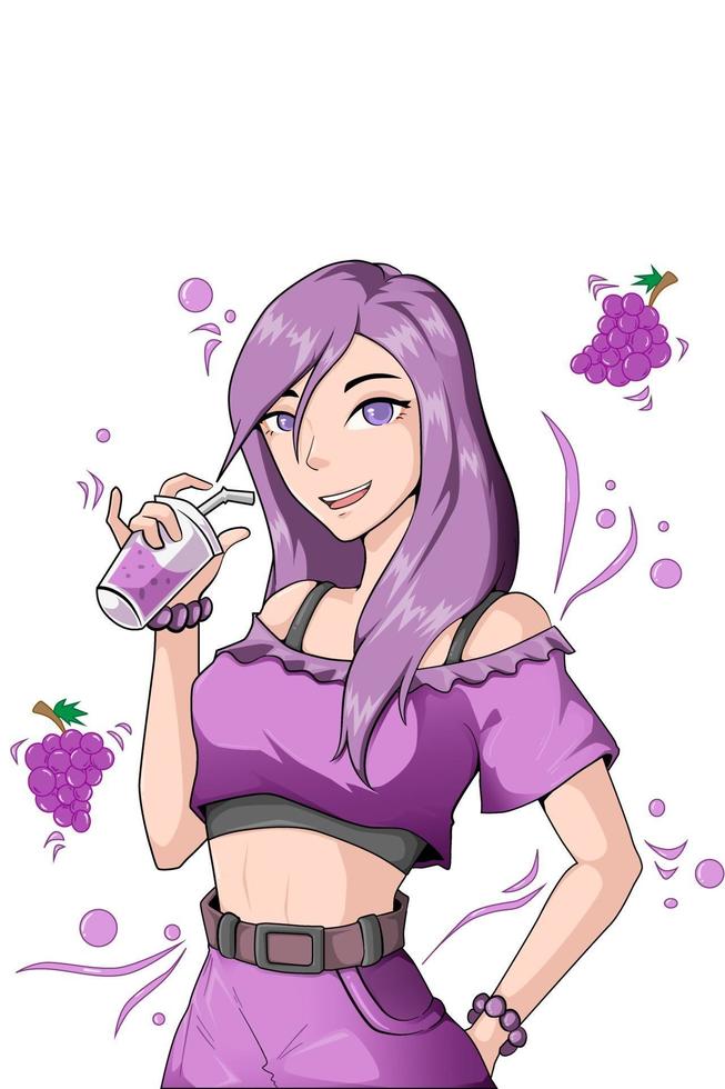 illustrazione del personaggio ragazza estiva con succo d'uva vettore