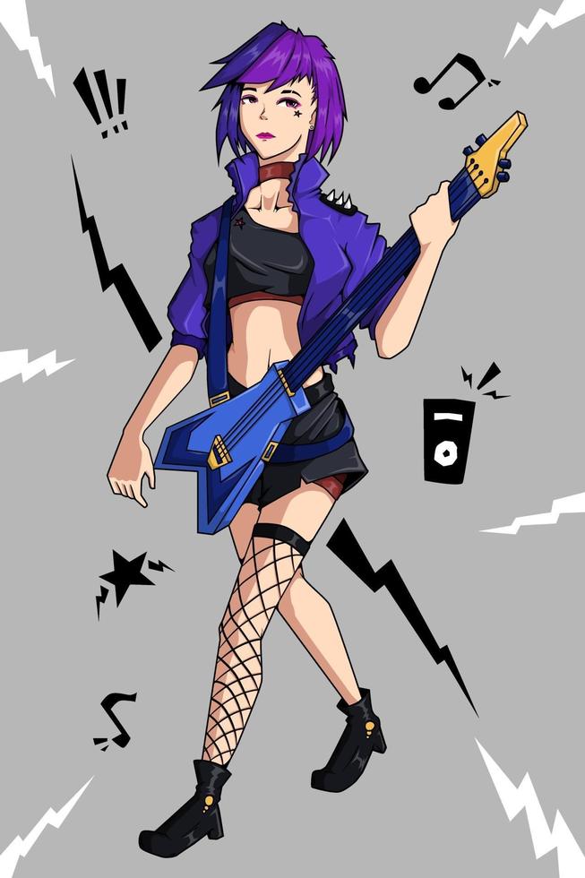 design del personaggio di una ragazza rock dai capelli viola vettore