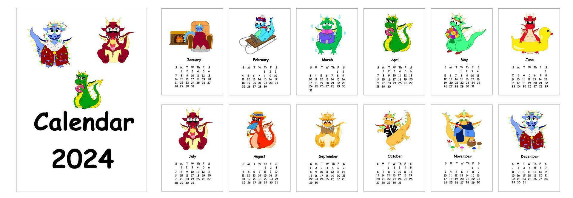 2024 calendario con divertente fantasia personaggi Drago . calendario progettista minimo stile, annuale organizzatore. vettore illustrazione