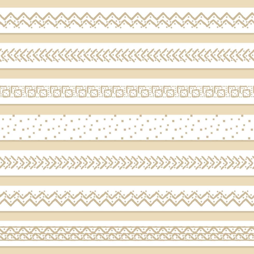 set di sette nastri per bordi senza cuciture washi marrone o beige con motivi pastello per scrapbooking. i disegni sono composti da triangoli, quadrati e forme di linee su sfondo bianco vettore