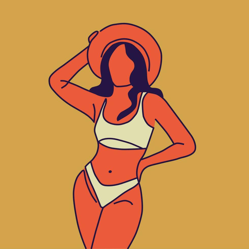 vettore disegno di un' donna nel un' costume da bagno su il spiaggia, donna di corpo schema. astratto disegno nel linea arte stile