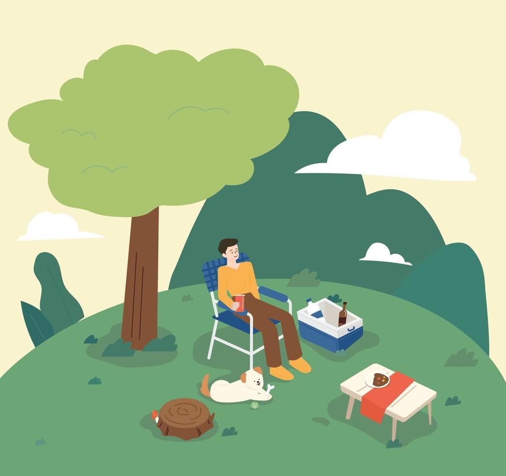 un uomo è in campeggio seduto su una sedia nella natura aperta. c'è un tavolo e un frigorifero intorno a lui, e un cane è seduto accanto a lui. stile design piatto minimo illustrazione vettoriale. vettore