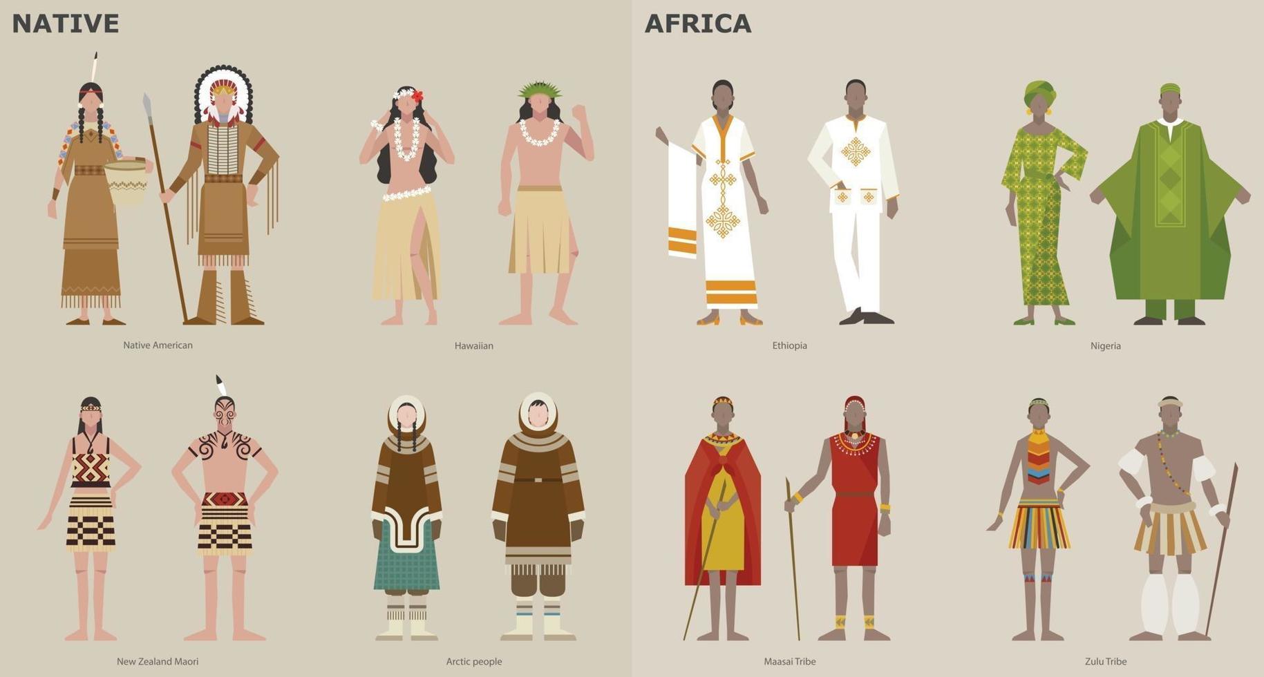 una collezione di costumi tradizionali per paese. popolazioni indigene e africane. illustrazioni di disegno vettoriale. vettore