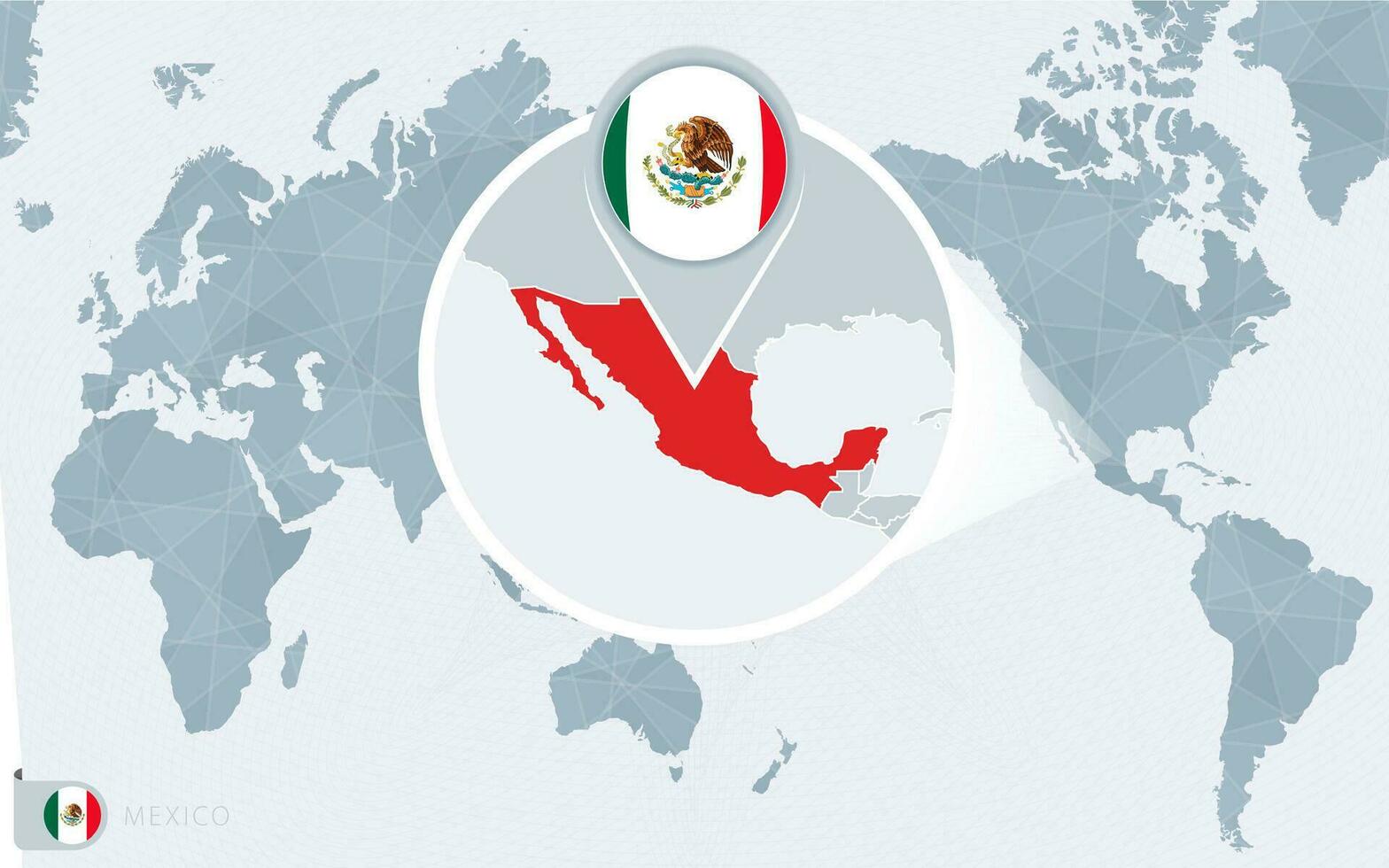 Pacifico centrato mondo carta geografica con ingrandita Messico. bandiera e carta geografica di Messico. vettore