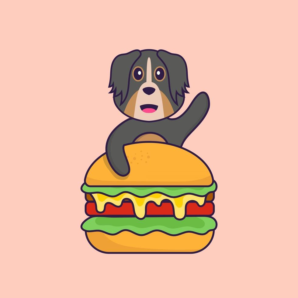 simpatico cane che mangia hamburger. concetto animale del fumetto isolato. può essere utilizzato per t-shirt, biglietti di auguri, biglietti d'invito o mascotte. stile cartone animato piatto vettore