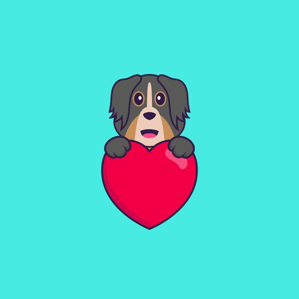 simpatico cane che tiene un grande cuore rosso. concetto animale del fumetto isolato. può essere utilizzato per t-shirt, biglietti di auguri, biglietti d'invito o mascotte. stile cartone animato piatto vettore