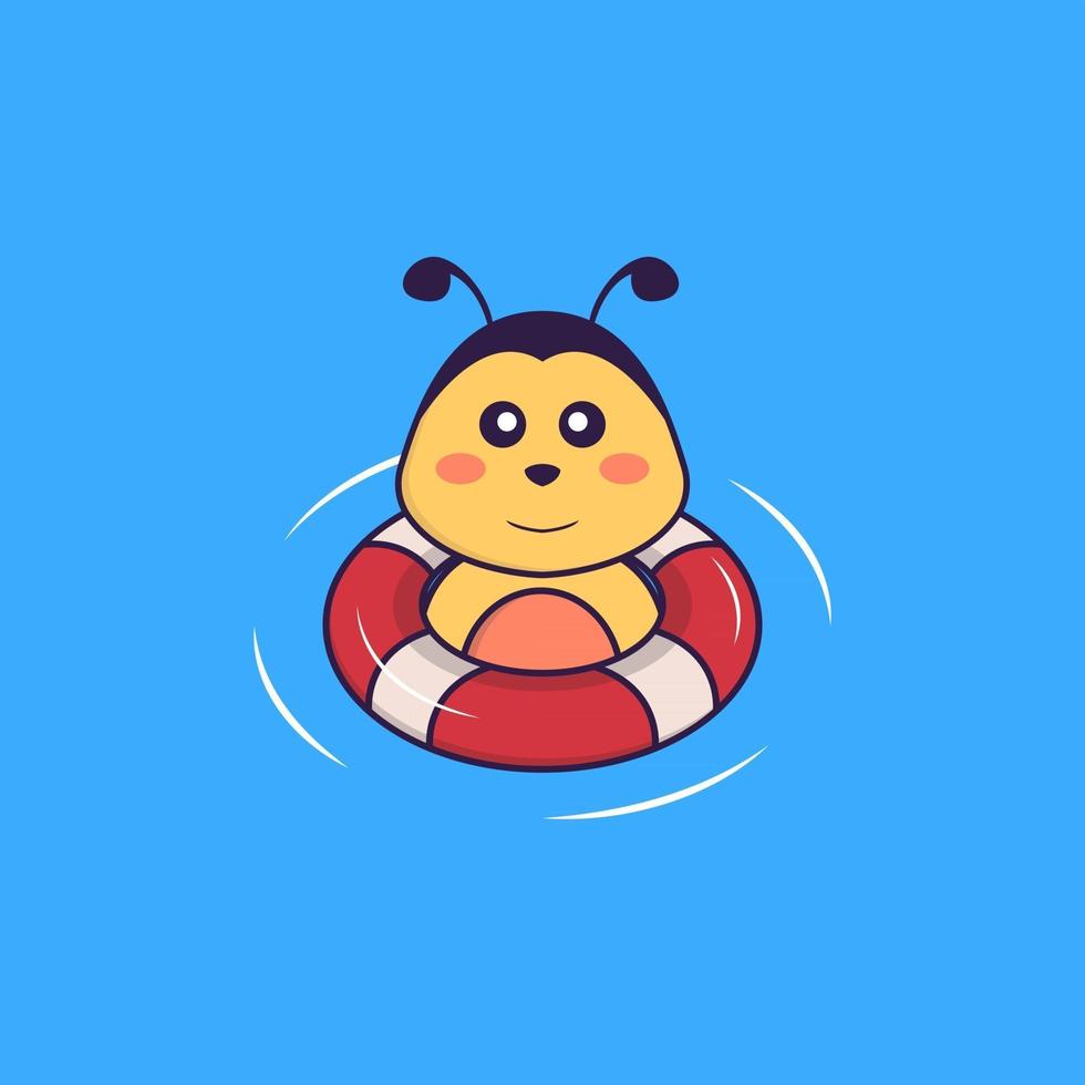 l'ape carina sta nuotando con una boa. concetto animale del fumetto isolato. può essere utilizzato per t-shirt, biglietti di auguri, biglietti d'invito o mascotte. stile cartone animato piatto vettore