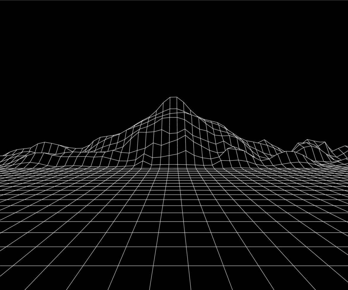 montagne picco griglia. 3d poligonale synthwave paesaggio. futuristico astratto wireframe montagna. retrowave sfondo, vettore vaporwave sfondo