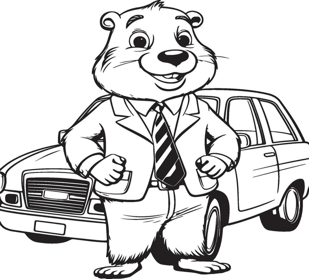 un' castoro Lavorando come un' venditore a un' auto colorazione pagina vettore