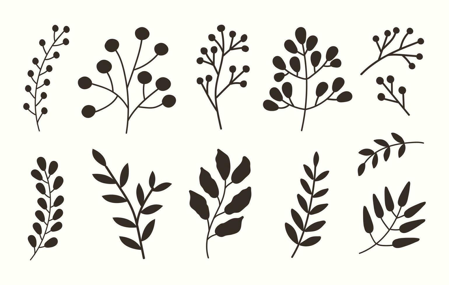 impostato di diverso nero silhouette rami con foglie, Rowan frutti di bosco isolato su un' bianca sfondo. vettore illustrazione