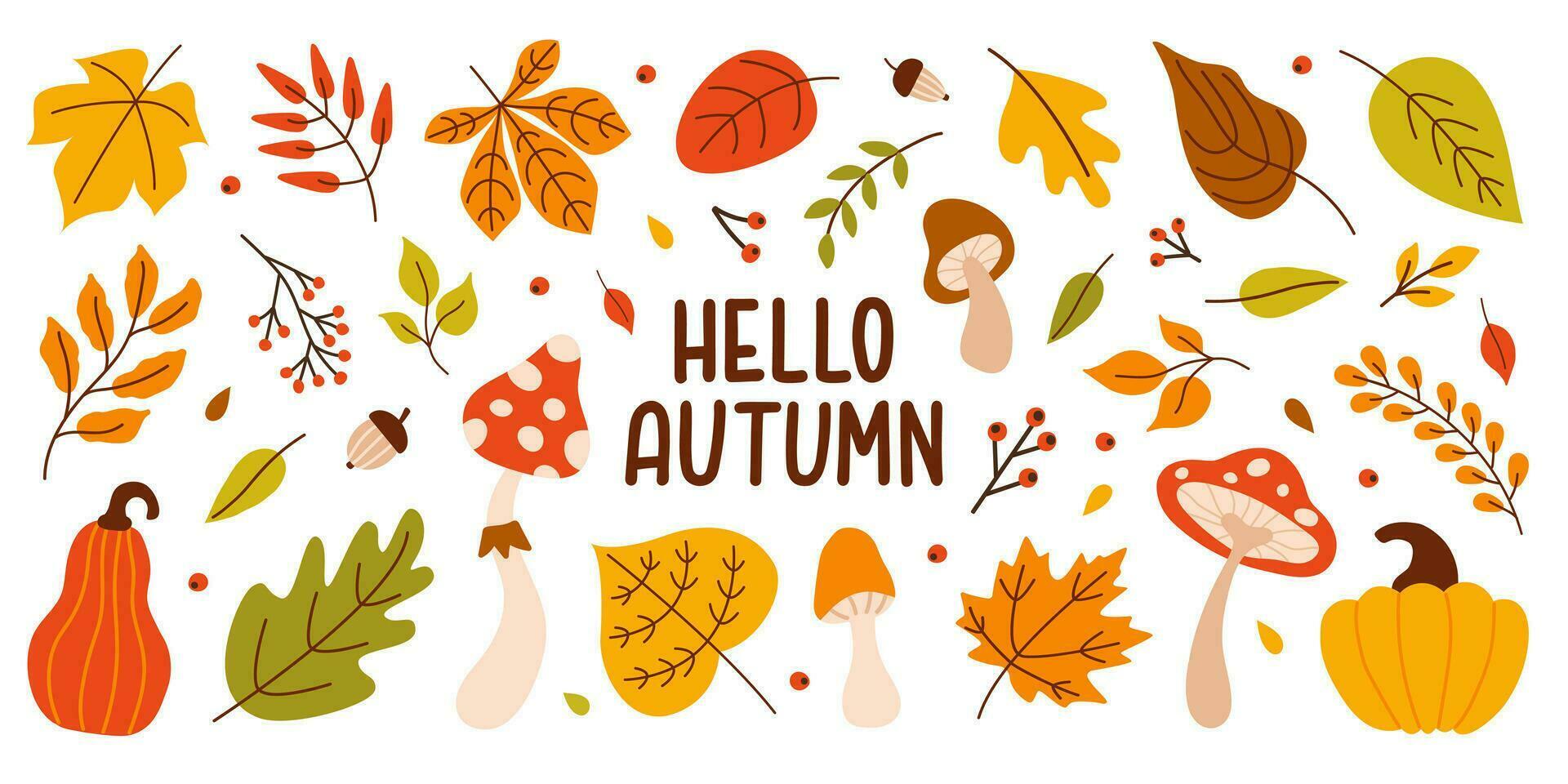 colorato autunno impostato di stagione foglie, zucche, funghi e ghiande isolato su un' bianca sfondo. vettore cartone animato illustrazione