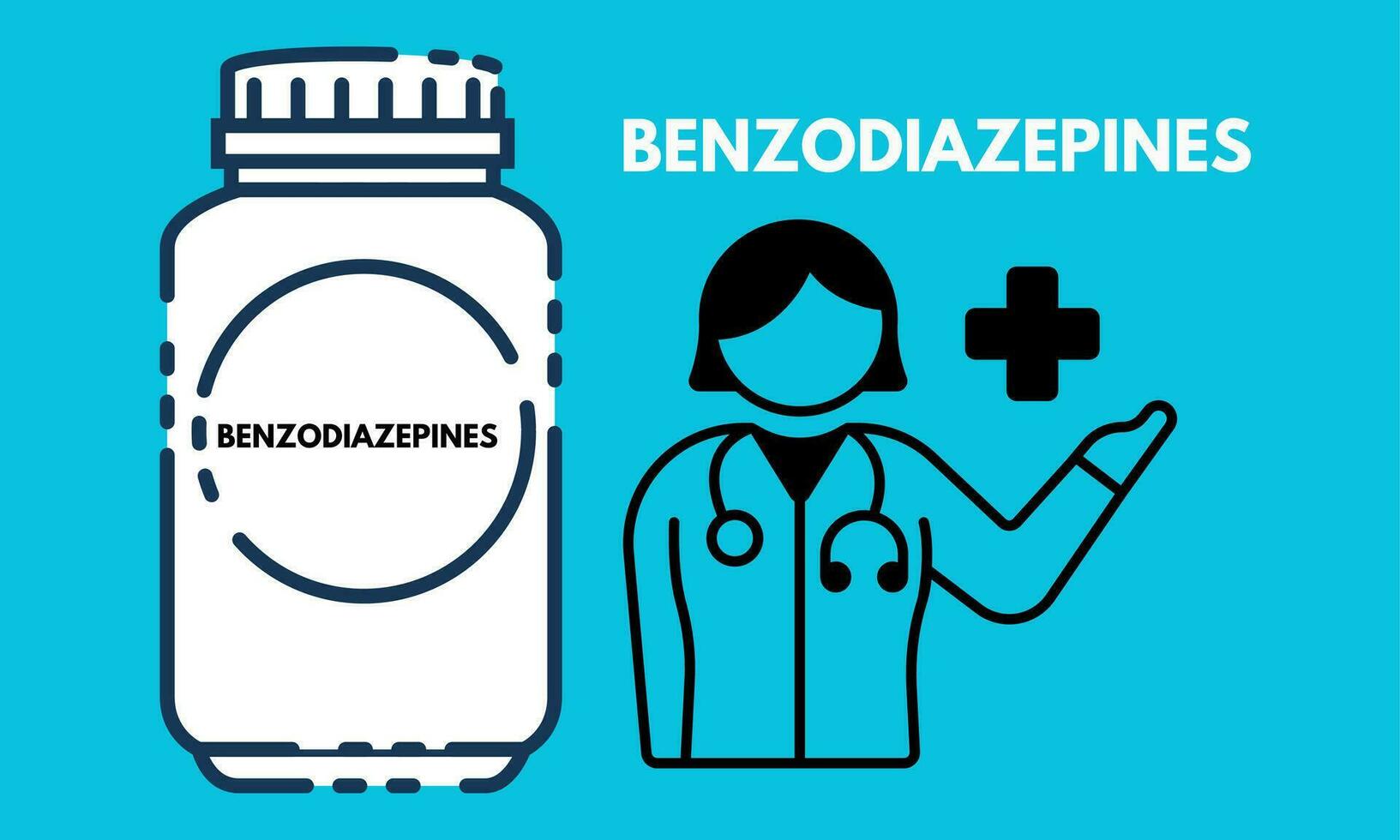 benzodiazepine. benzodiazepine pillole nel rx prescrizione droga bottiglia vettore illustrazione