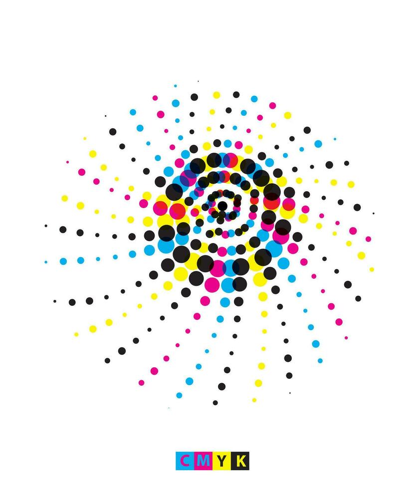 un' colorato punto modello su un' bianca sfondo, cerchi con nero colore puntini su loro impostare, CMYK vettore illustrazione di un' fiore con un' cerchio e un' punto, mandala vettore
