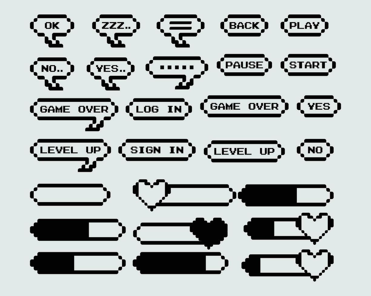 gioco oggetti di scena collezione impostato pixel monocromatico discorso bolla dialogo Chiacchierare 8 po computer vecchio ui stile grafico icona modificabile vettore