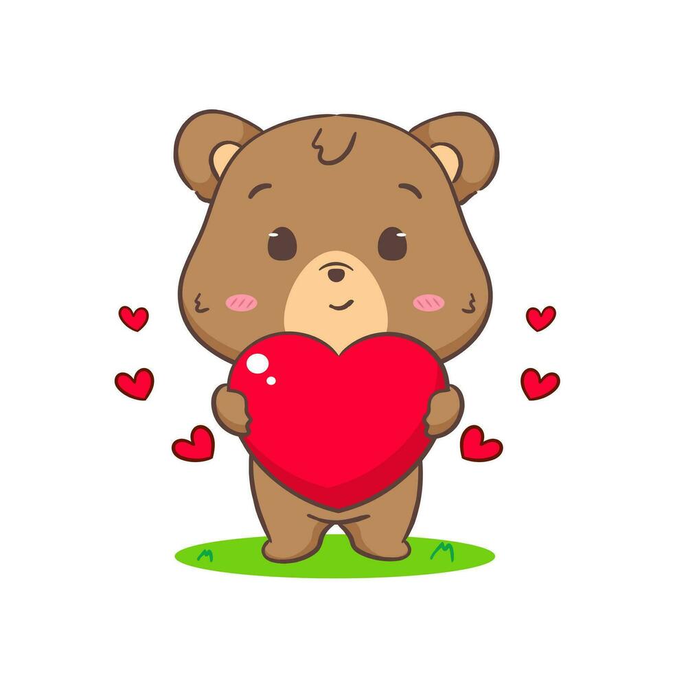 carino Marrone orso Tenere amore cuore. kawaii adorabile animale e san valentino giorno concetto design. isolato bianca sfondo. vettore arte illustrazione.