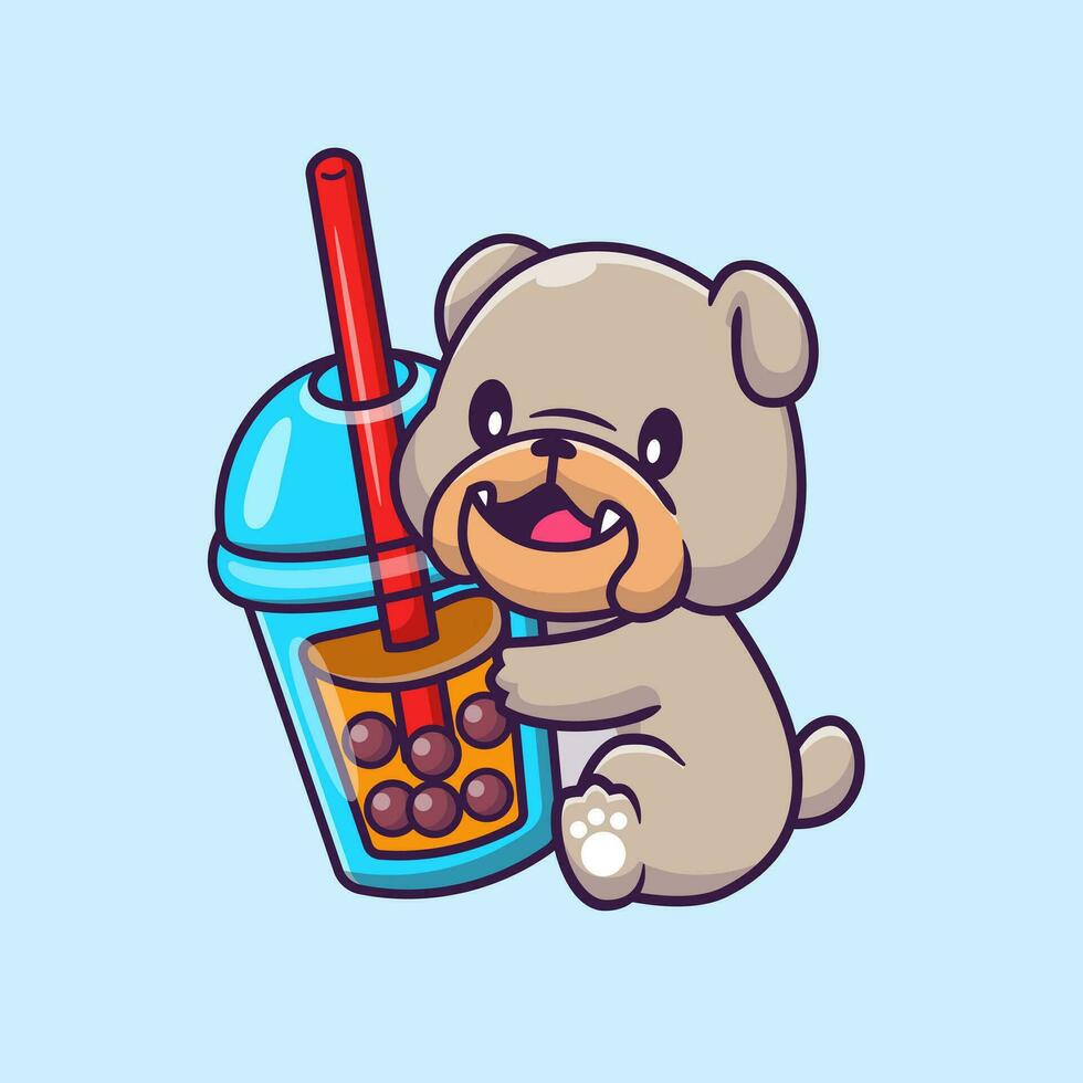 carino bulldog con bolla latte tè cartone animato vettore icona illustrazione. animale bevanda icona concetto isolato premio vettore. piatto cartone animato stile