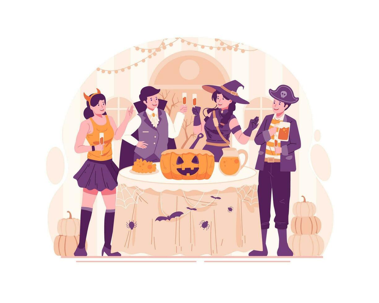 Halloween festa. contento giovane persone vestito nel vario Halloween costumi Tenere cocktail bicchieri con bevande raccolta un' crostini vettore