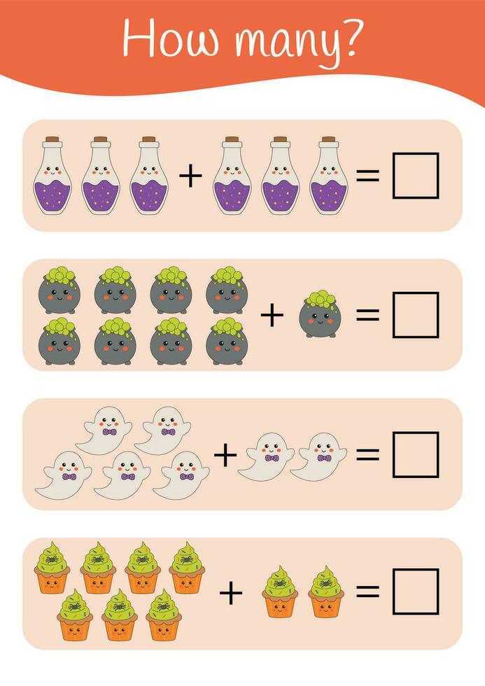 matematica conteggio fogli di lavoro per bambini. Halloween matematico aggiunta, sottrazione, logica puzzle per scuola materna, asili nido, presto bambino sviluppo e istruzione a casa. matematica gioco, educativo attività. vettore