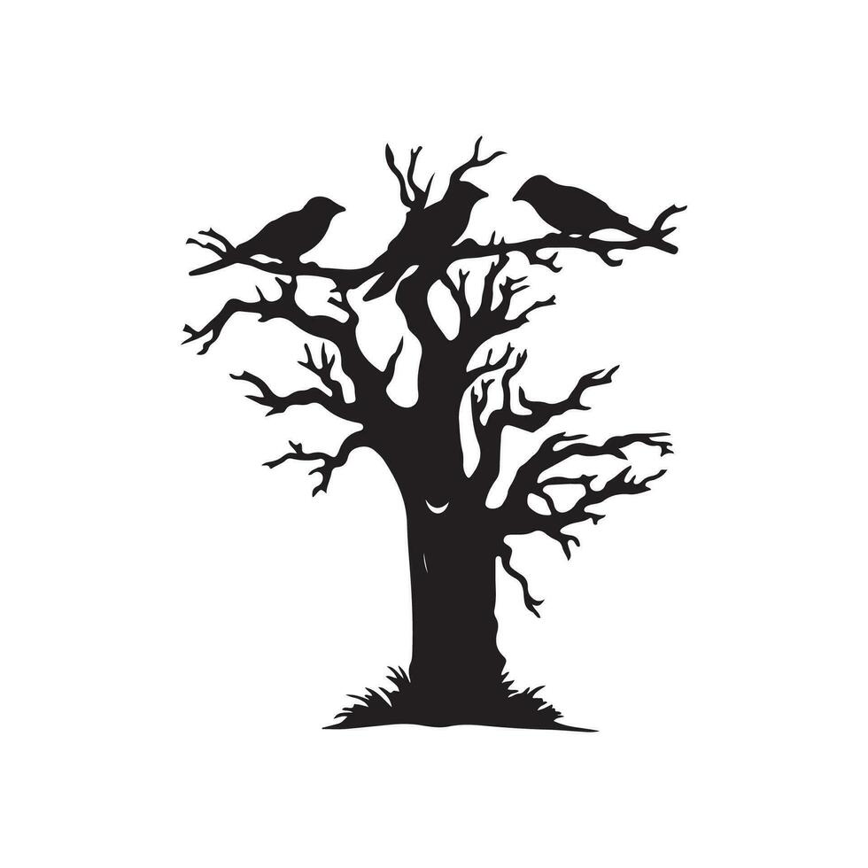 pauroso albero Halloween design con siluet stile e nero e bianca colore vettore