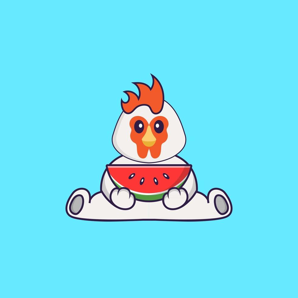 pollo carino che mangia anguria. concetto animale del fumetto isolato. può essere utilizzato per t-shirt, biglietti di auguri, biglietti d'invito o mascotte. stile cartone animato piatto vettore